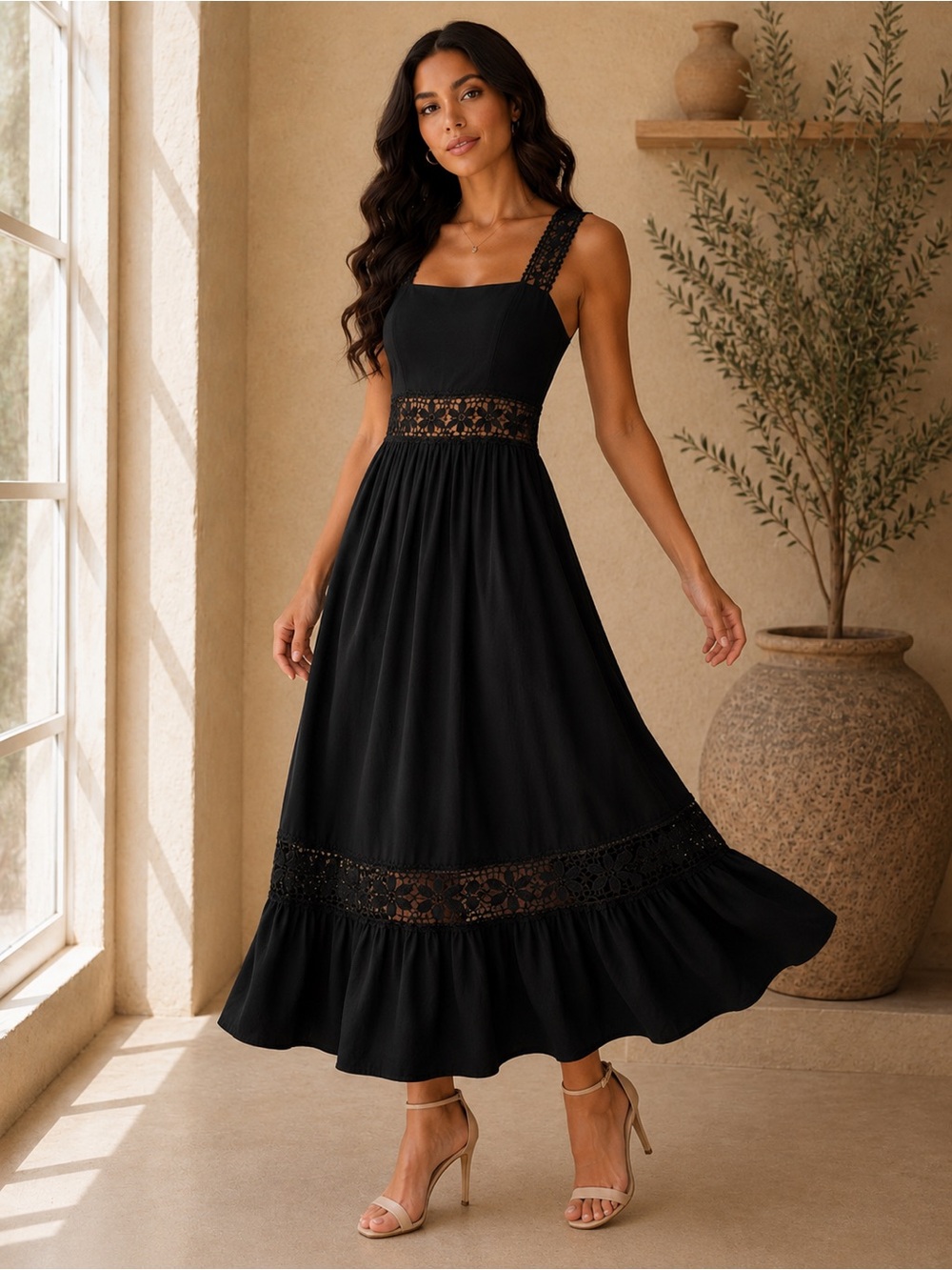 Lace-Detail Black Maxi Dress with Square Neck